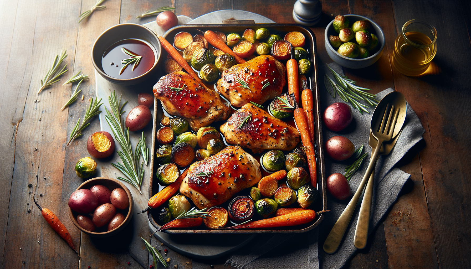 A sheet pan chicken dinner with honey balsamic chicken, roasted vegetables, and fresh herbs.