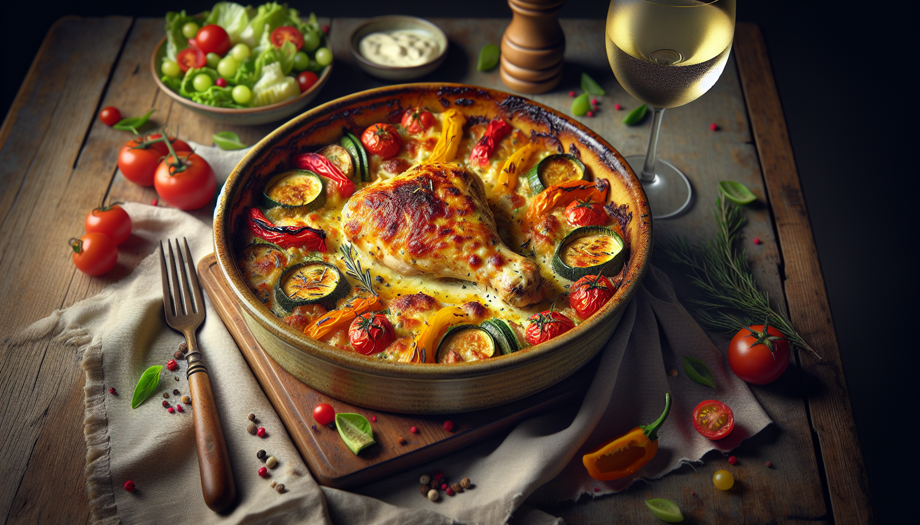 A delicious casserole dish with baked chicken, colorful vegetables, and melted cheese, served on a rustic wooden table.