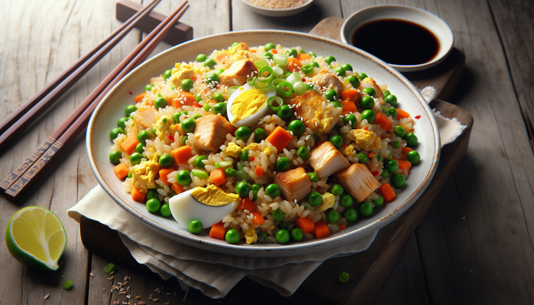 A colorful plate of chicken fried rice with vegetables and garnishes.