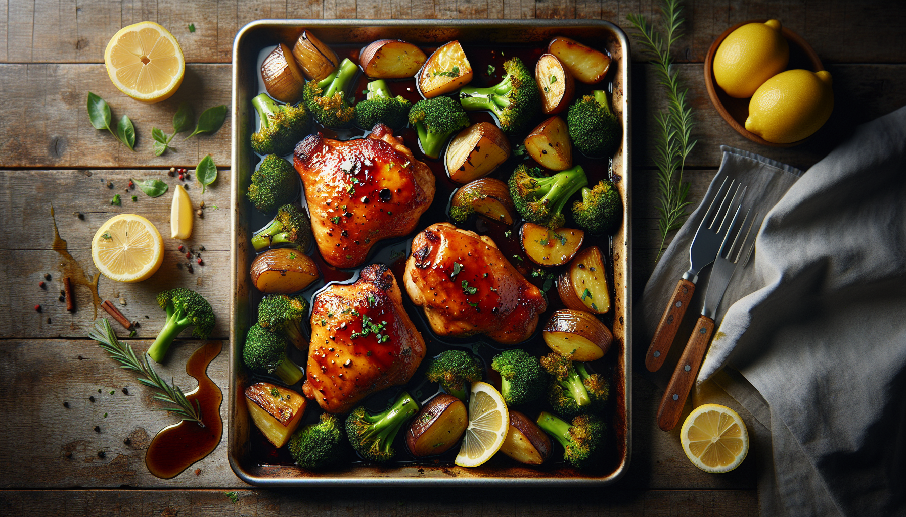 A colorful sheet pan dinner with honey balsamic chicken, roasted broccoli, and potatoes, arranged on a rustic wooden table.